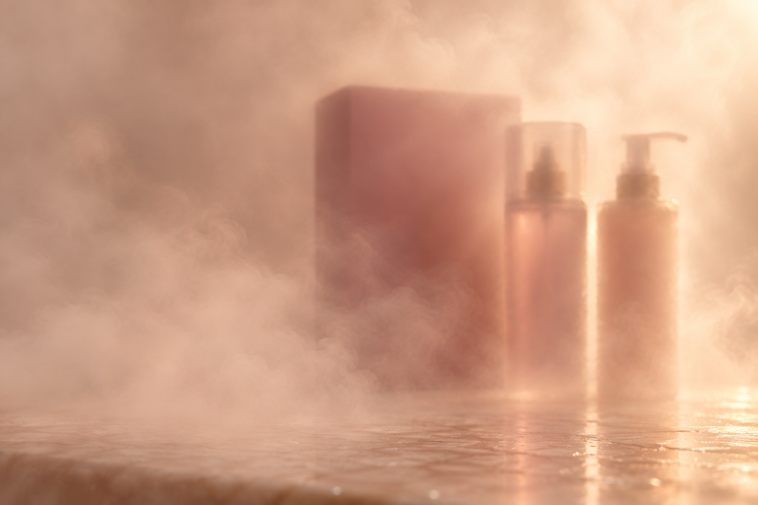 Silhuetas desfocadas de dois produtos entre vapor suave, sem revelar detalhes